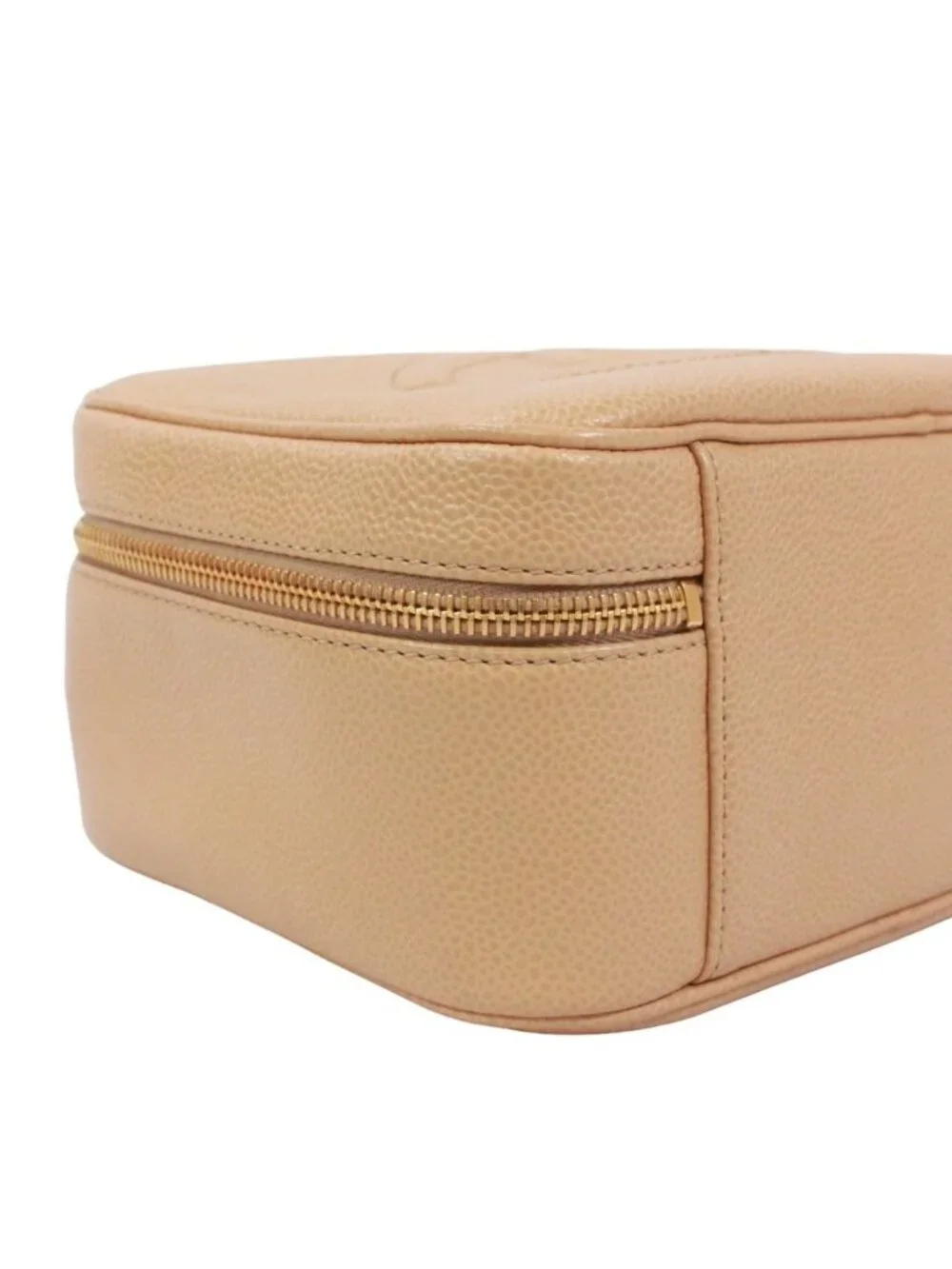 Chanel CC Logo Vanity Bag Caviar Leather Beige Handbag Gold